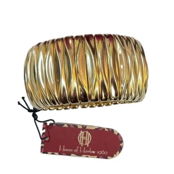 NWT ⚜️👑⚜️ House of Harlow 1960 Gorgeous Brushed Gold Toned Stretch Bracelet - Picture 3 of 5